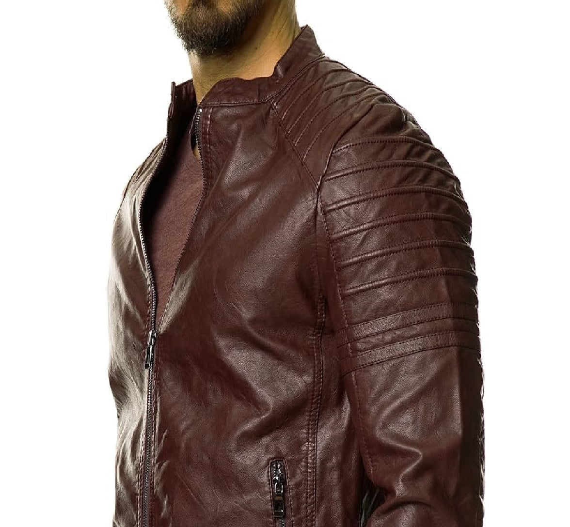 XAYWEAR brown leather jacket biker style with quilted shoulder details and front zipper