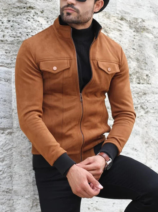 XAYWEAR brown winter jacket for men with zip front and chest pockets styled with black pants