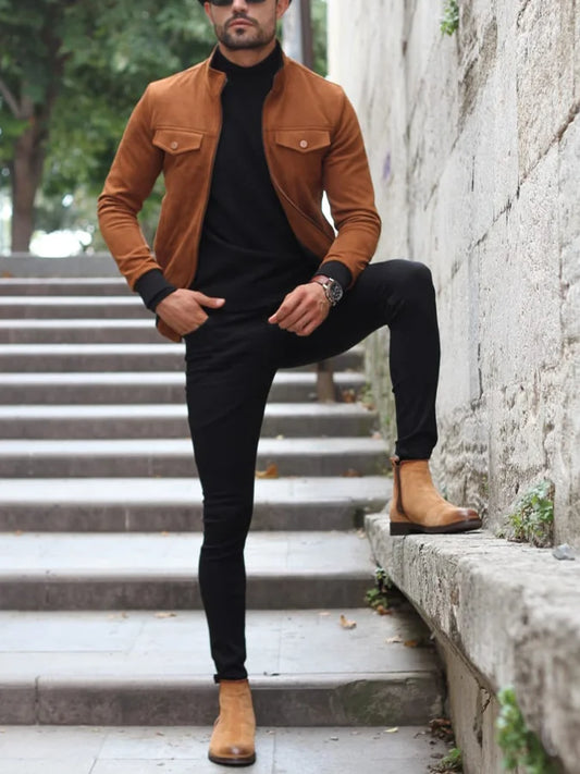 XAYWEAR brown winter jacket for men styled with black pants and tan boots on outdoor steps