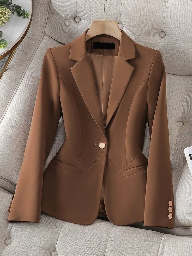 XAYWEAR brown women blazer with single button and tailored fit on hanger