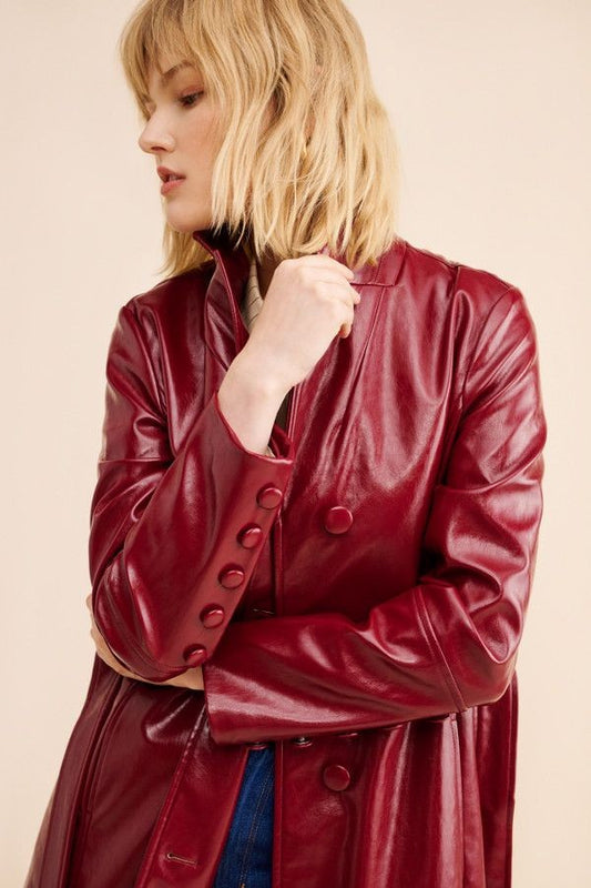 XAYWEAR classic contemporary trench coat in red leather with button details and a stylish silhouette