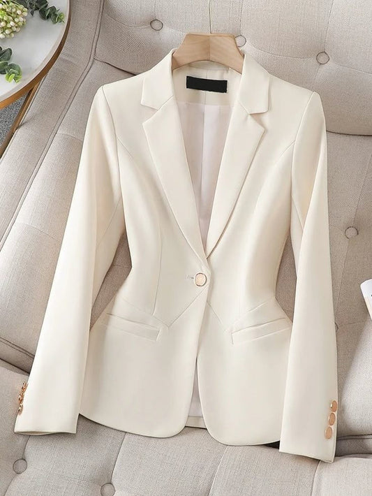 XAYWEAR elegant white women blazer with single button and tailored fit on hanger