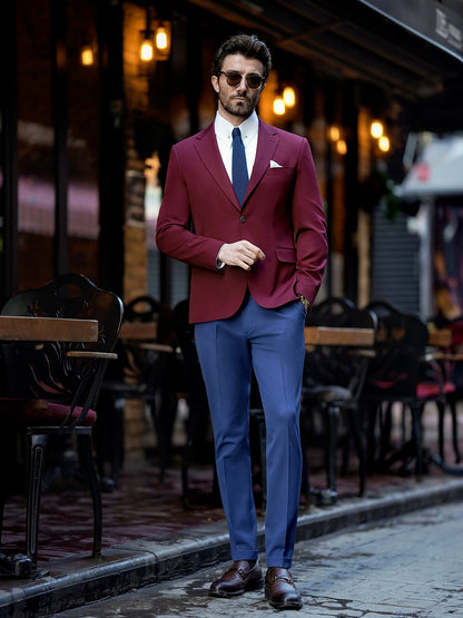 XAYWEAR burgundy blazer and blue pants suit for men styled with white shirt and brown shoes