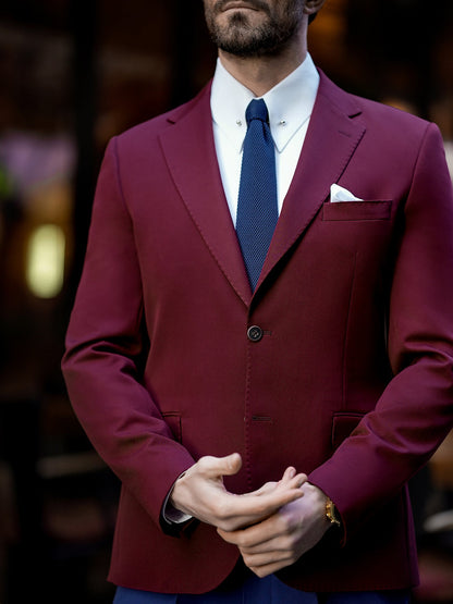 XAYWEAR burgundy suit for men with single-button jacket and white dress shirt