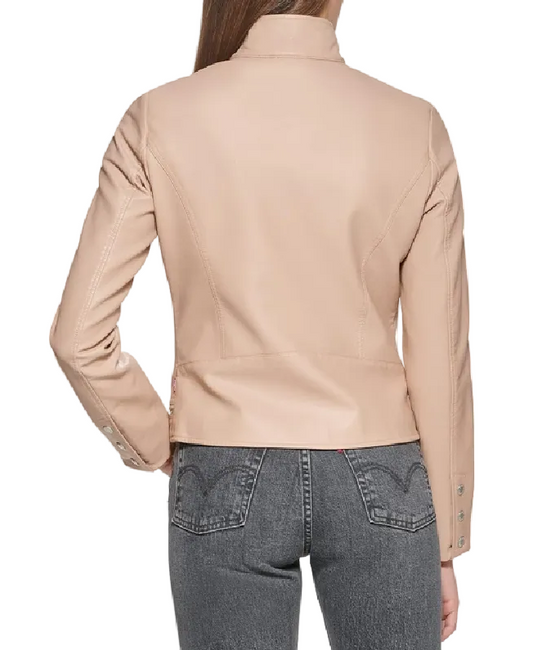 XAYWEAR Stand Collar Faux Leather Jacket with Zipper Detail