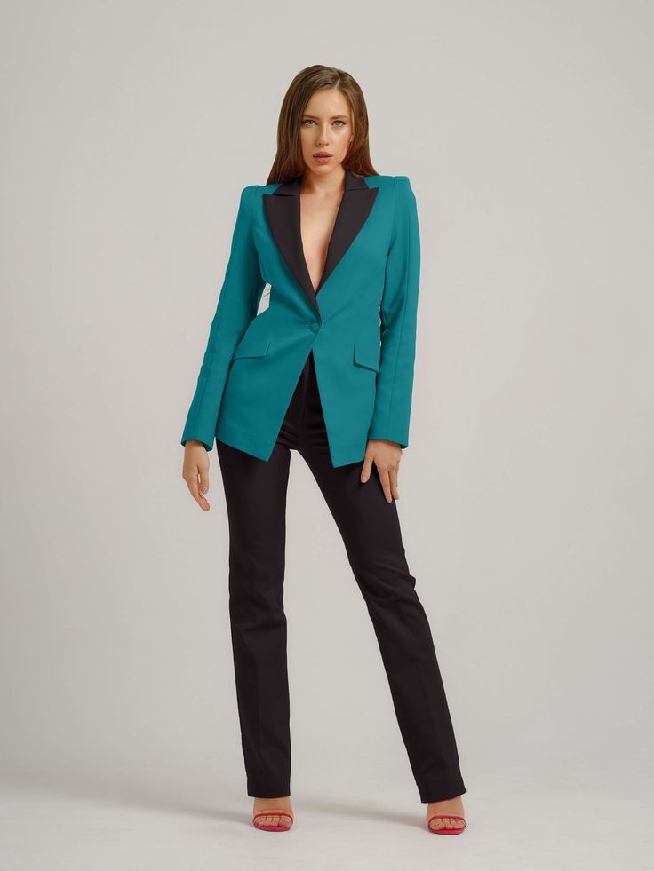 XAYWEAR teal blazer with black lapel tuxedo for women styled with black pants and red heels