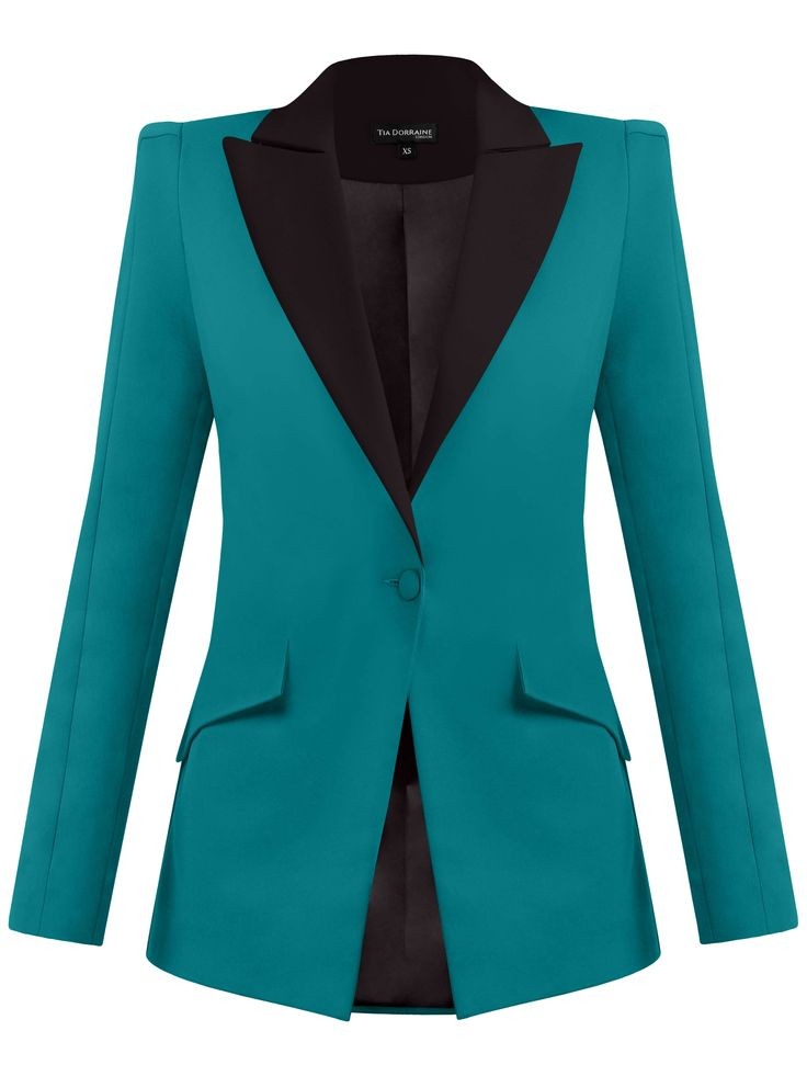 XAYWEAR teal blazer with black lapel tuxedo for women with single button and tailored fit