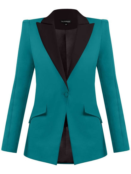 XAYWEAR teal blazer with black lapel tuxedo for women with single button and tailored fit