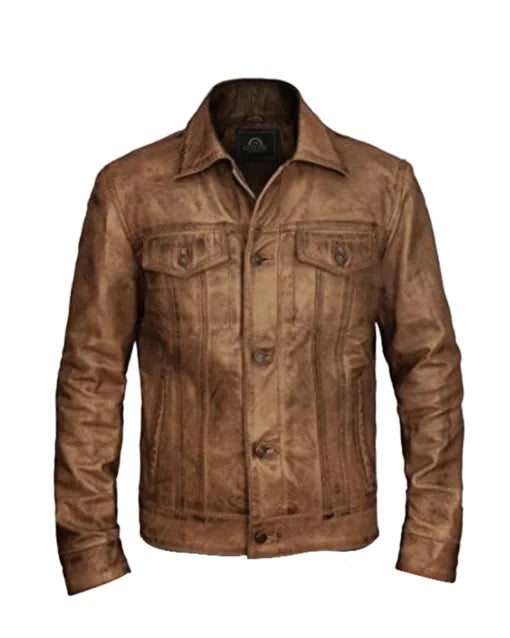 XAYWEAR distressed leather trucker jacket in brown with a classic front button design