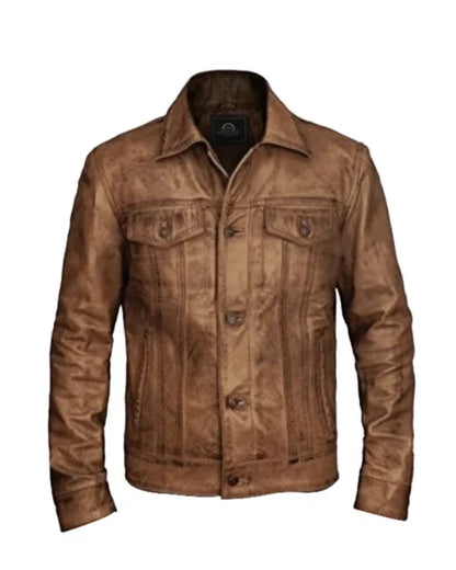 XAYWEAR distressed leather trucker jacket in brown with a classic front button design