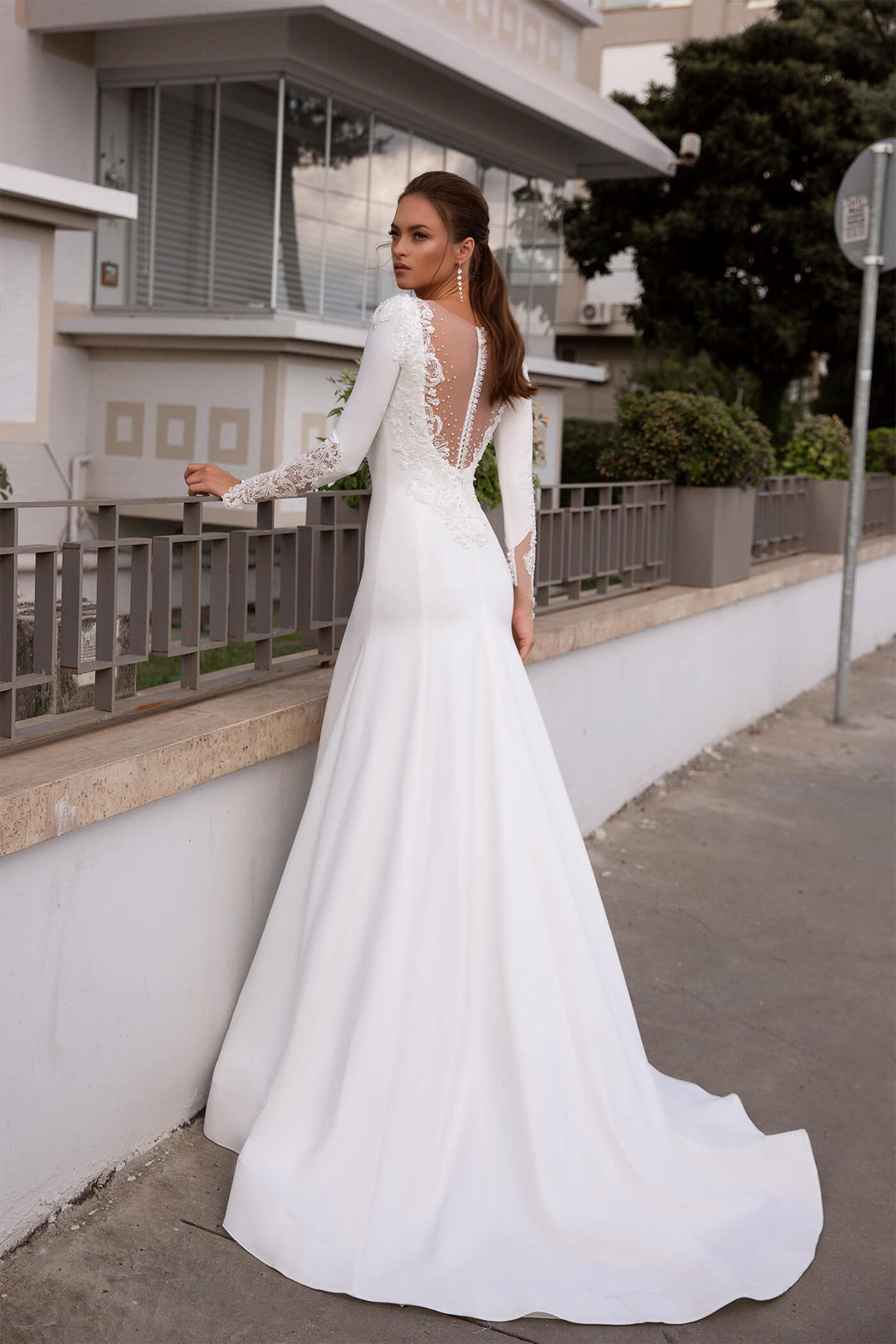 XAYWEAR elegant bridal dress gown with long lace sleeves and deep back design in white