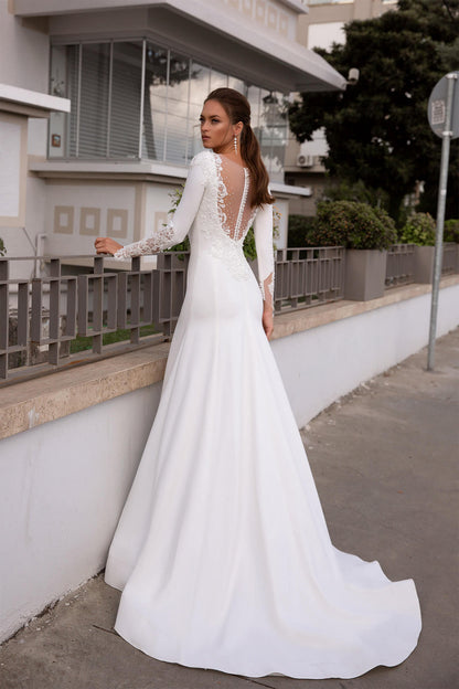 XAYWEAR elegant bridal dress gown with long lace sleeves and deep back design in white