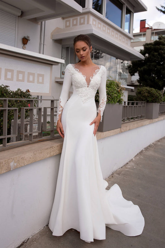 XAYWEAR elegant white bridal dress gown with lace long sleeves and fitted silhouette