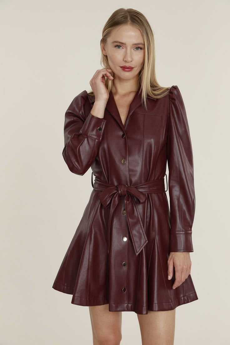 XAYWEAR elegant leather dress for women in burgundy with a belted waist and button closure
