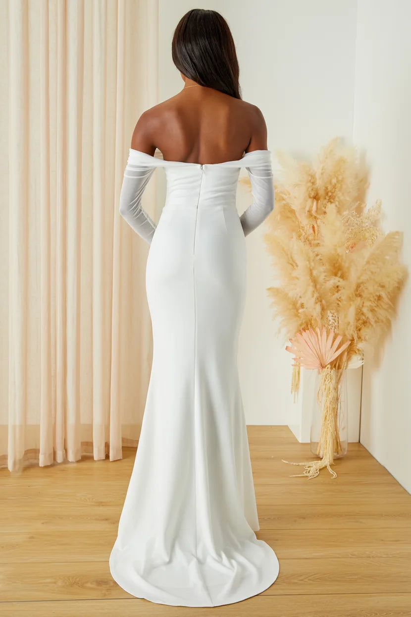 XAYWEAR white off shoulder gown wedding dress with long sleeves and fitted silhouette from back