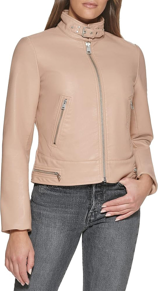 XAYWEAR faux leather jacket stand collar in soft beige with a sleek zip closure and stylish design