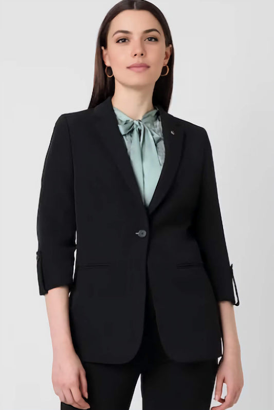 XAYWEAR formal black blazer for women with single button and tailored fit worn by model