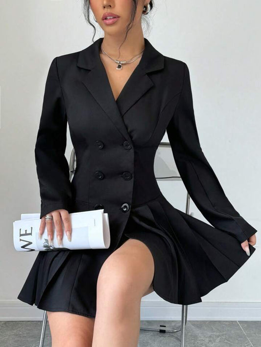 Stylish XAYWEAR formal black dress for events with a fitted blazer top and pleated skirt