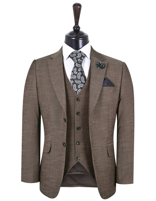 XAYWEAR brown formal wear suit for men with matching vest and paisley tie on mannequin