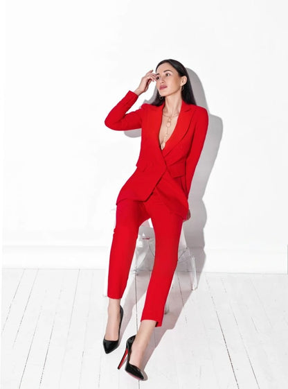 XAYWEAR red formal wear suit for women featuring a tailored blazer and slim-fit pants