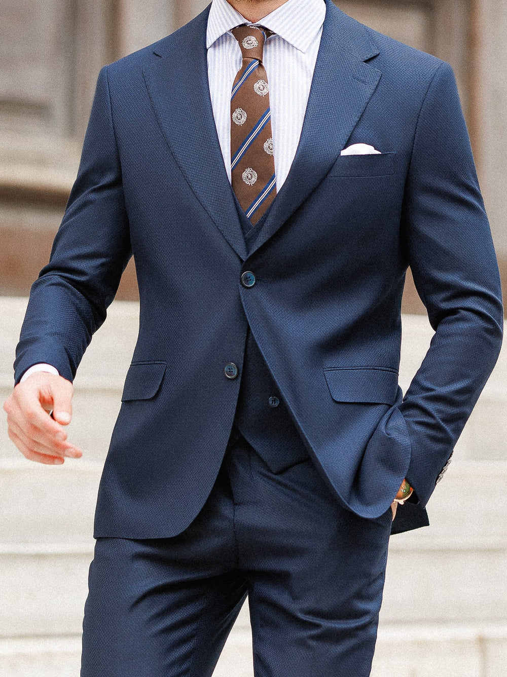 XAYWEAR navy blue formal wedding suit with matching vest and striped shirt