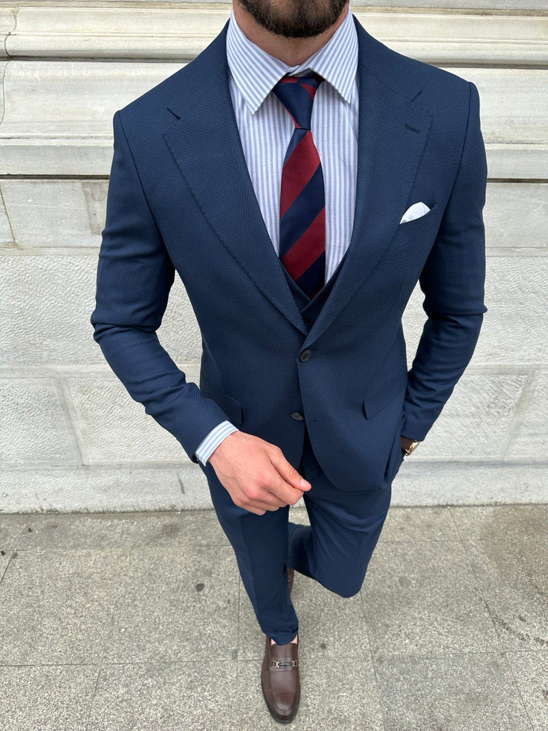 XAYWEAR navy blue formal wedding suit with striped shirt and red and blue tie