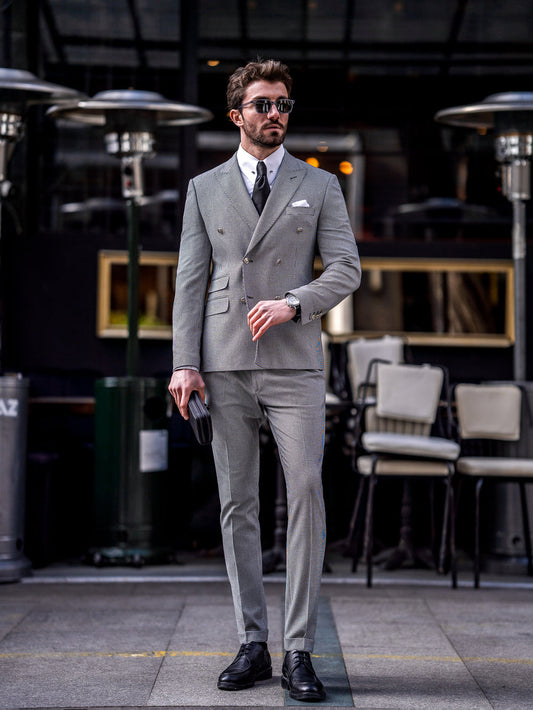 XAYWEAR gray double-breasted suit for men styled with white shirt and black shoes outdoors