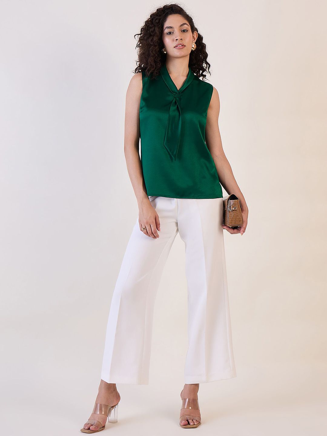 XAYWEAR Emerald Satin Sleeveless Blouse for Women