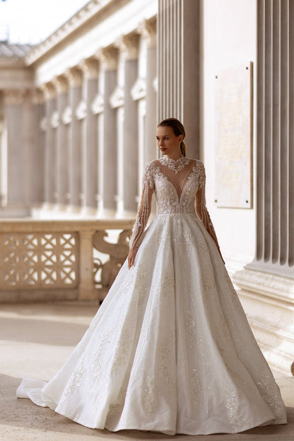 Elegant XAYWEAR high neck lace ball gown with intricate detailing and a flowing skirt
