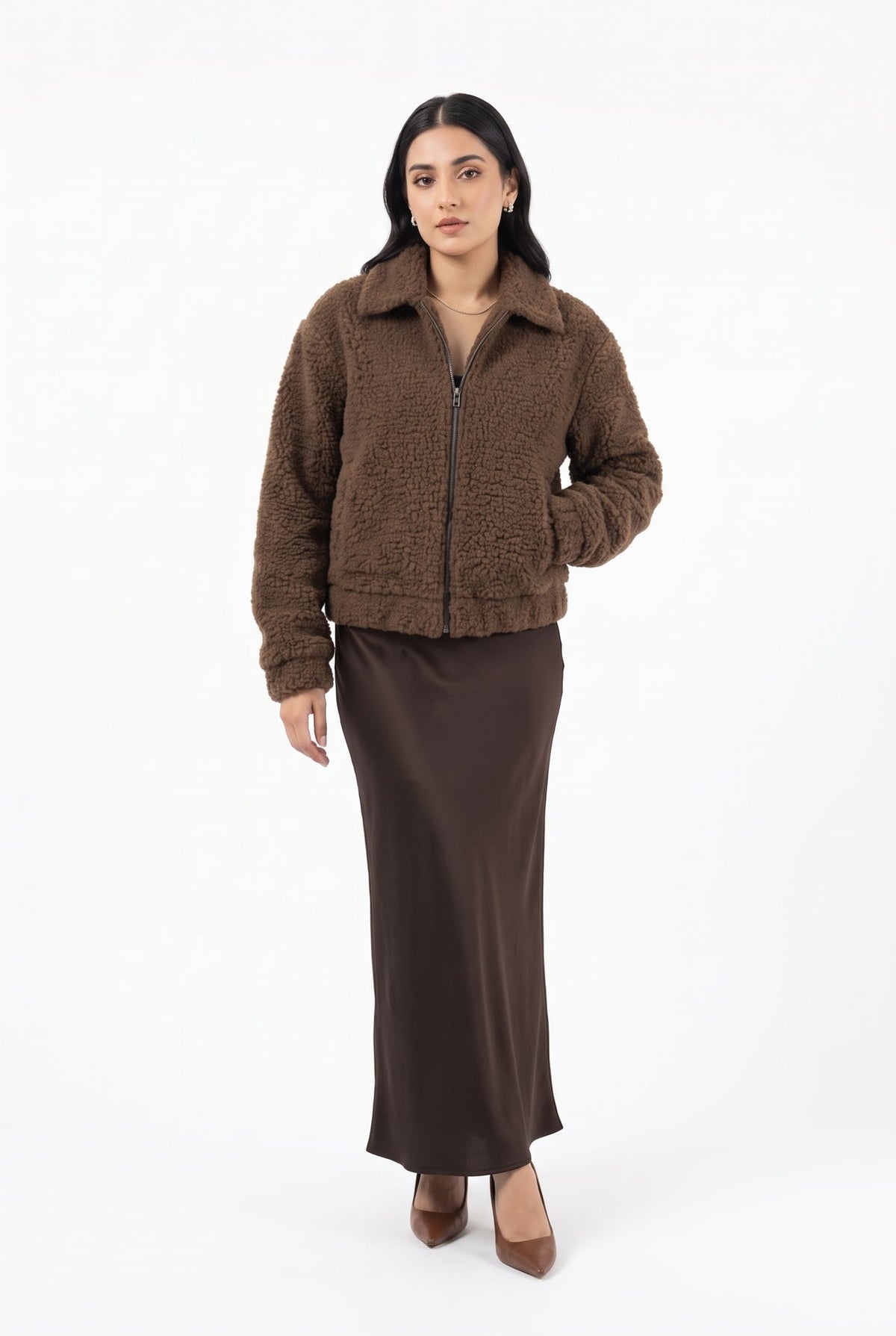 XAYWEAR Teddy Faux Fur Bomber Jacket - chocolate brown