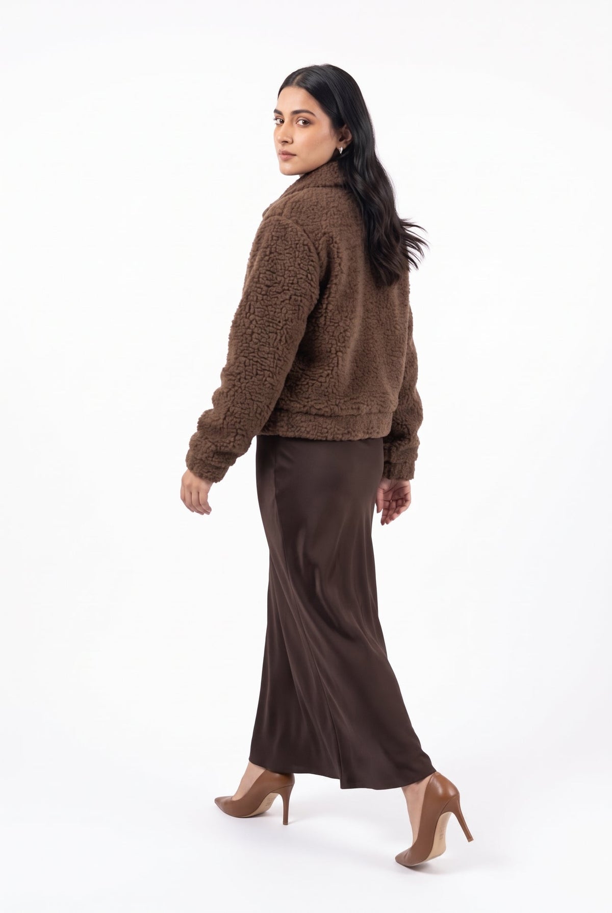 XAYWEAR Teddy Faux Fur Bomber Jacket - chocolate brown