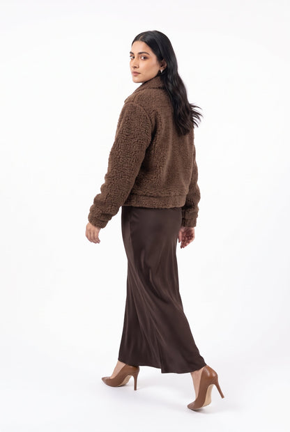 XAYWEAR Teddy Faux Fur Bomber Jacket - chocolate brown
