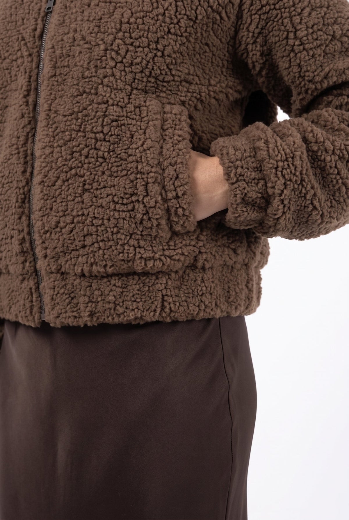 XAYWEAR Teddy Faux Fur Bomber Jacket - chocolate brown