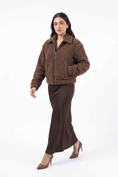 XAYWEAR Teddy Faux Fur Bomber Jacket - chocolate brown