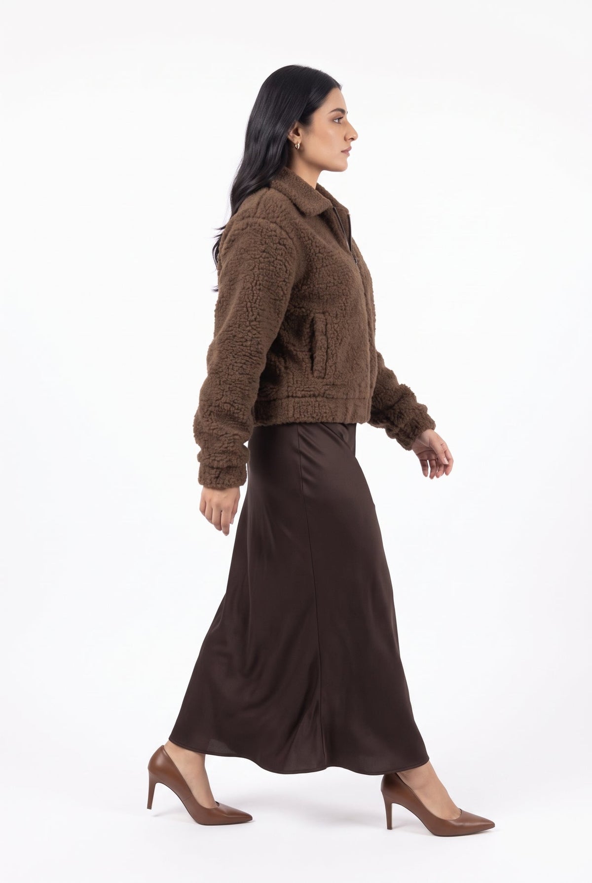 XAYWEAR Teddy Faux Fur Bomber Jacket - chocolate brown