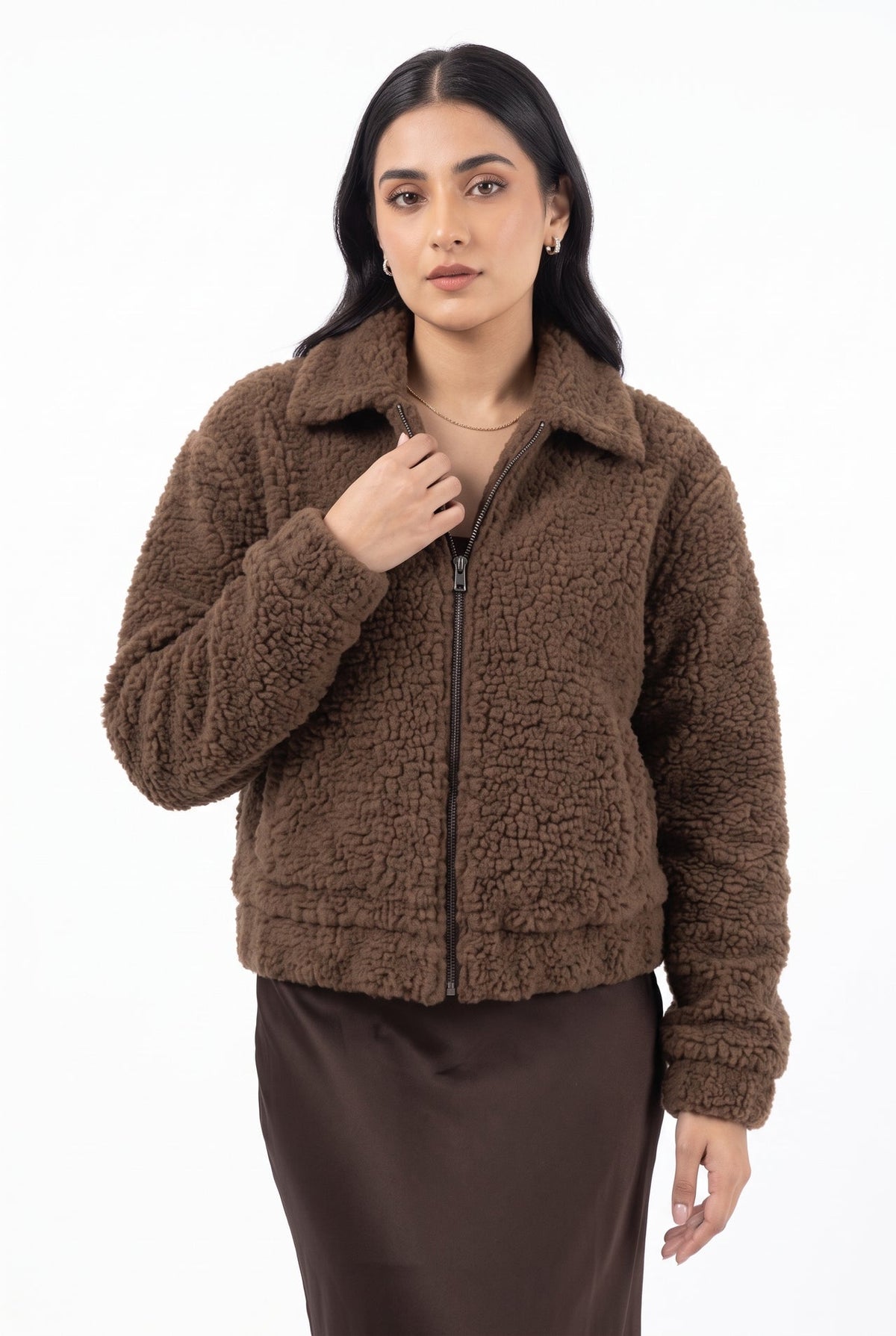 XAYWEAR Teddy Faux Fur Bomber Jacket - chocolate brown