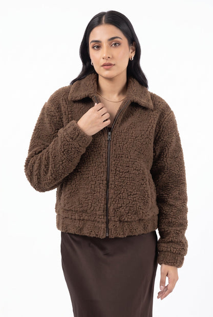 XAYWEAR Teddy Faux Fur Bomber Jacket - chocolate brown
