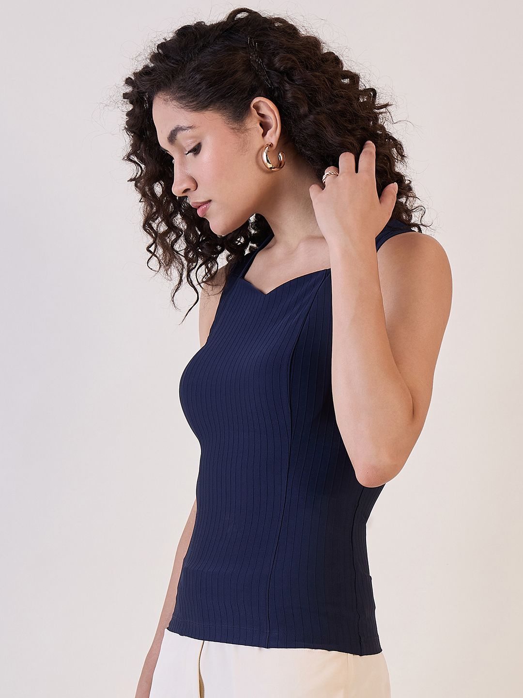 XAYWEAR Navy Blue Sweetheart Neck Top for Women