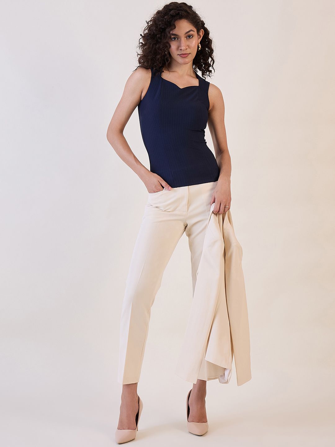 XAYWEAR Navy Blue Sweetheart Neck Top for Women