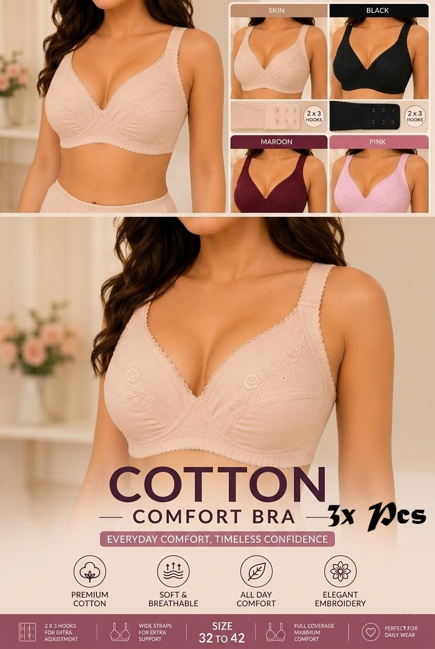 XAYWEAR Adjustable Hook Closure Embroidery Design Cotton Bra - PACK OF 3