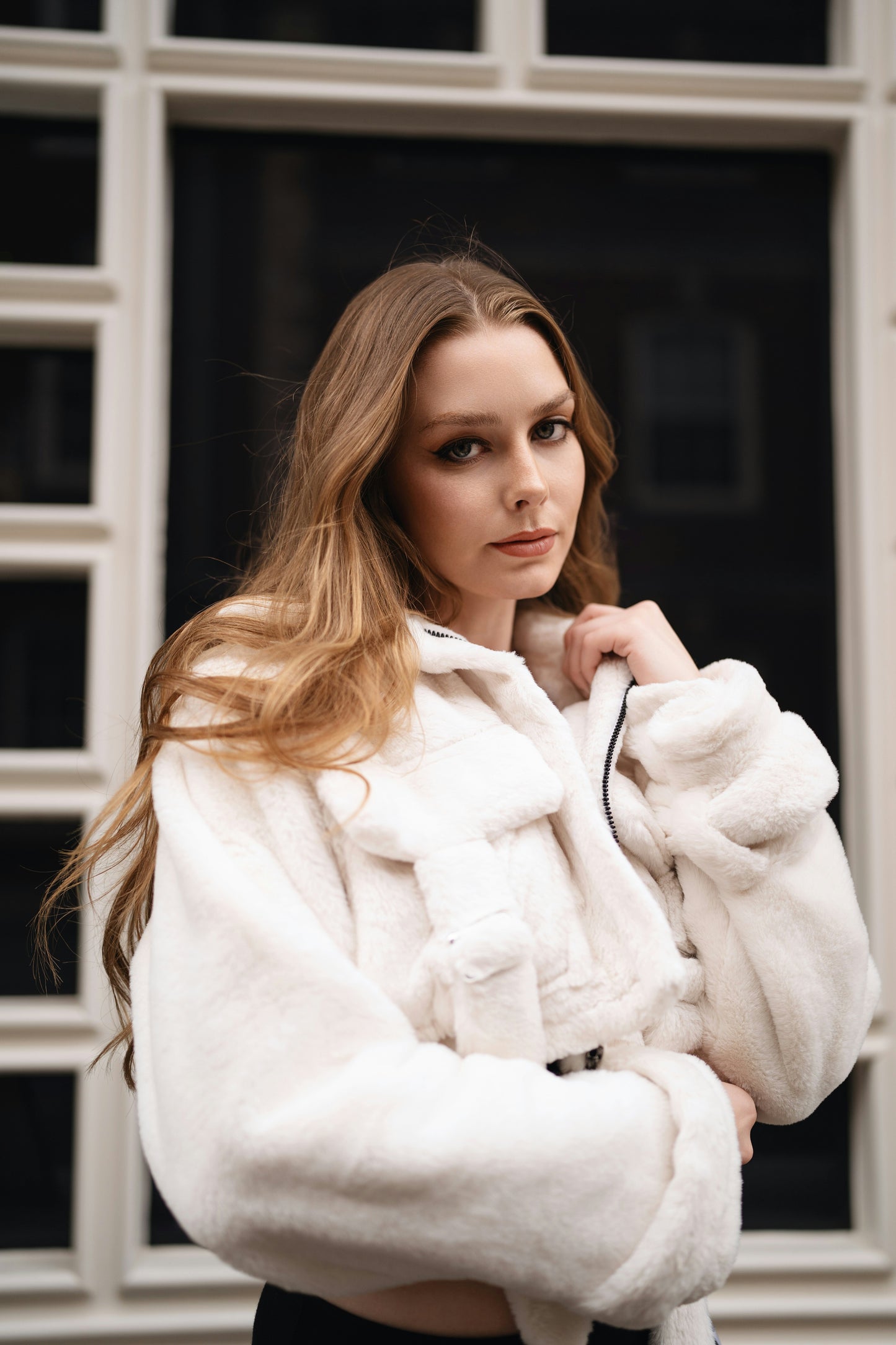 XAYWEAR ivory women jacket with plush texture and oversized fit on female model