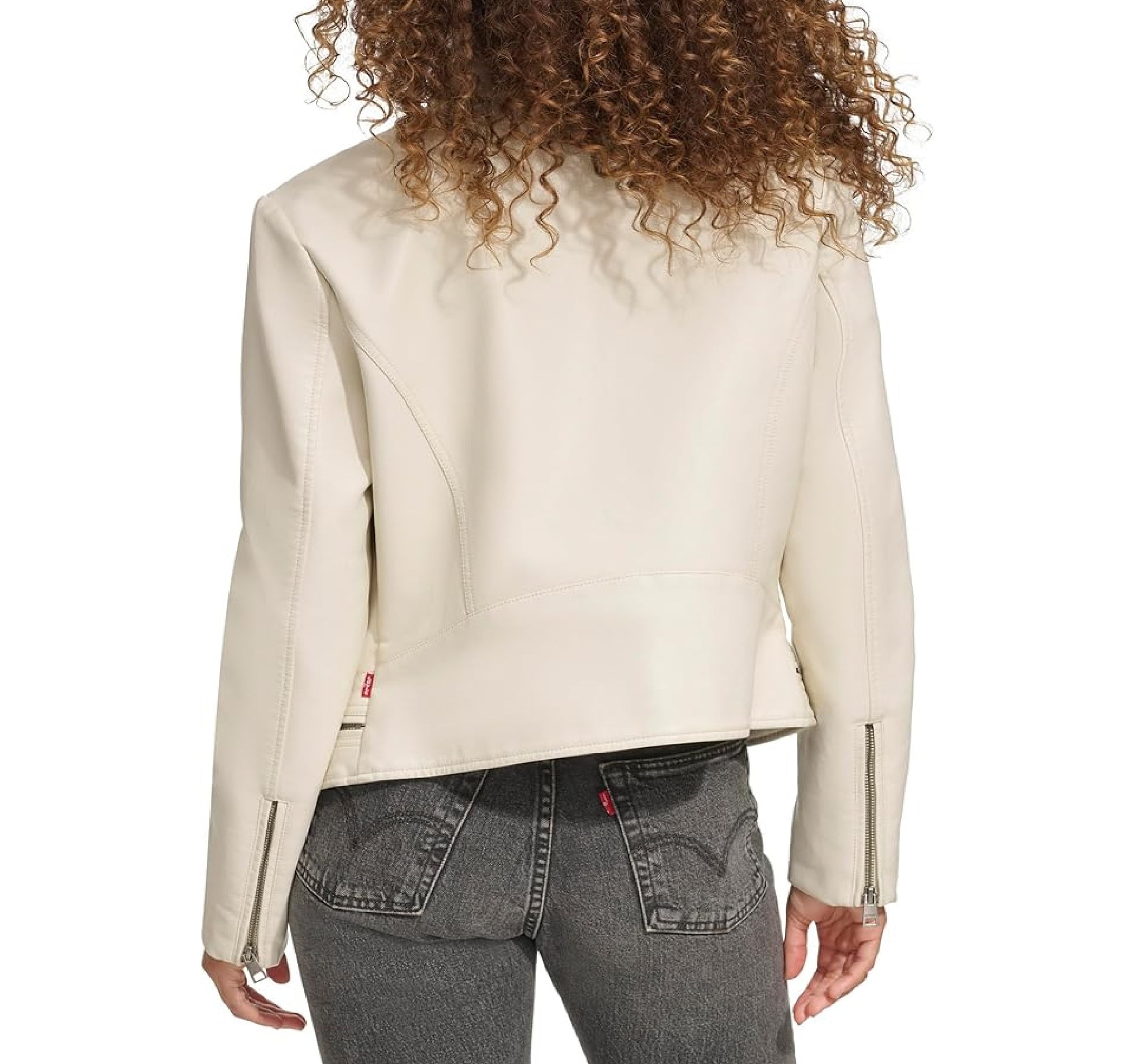 XAYWEAR white leather jacket for women shown from back with zippered sleeves and fitted design
