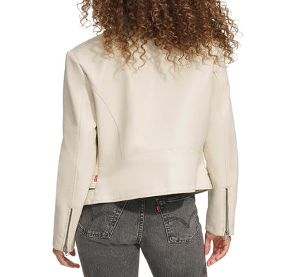 XAYWEAR white leather jacket for women shown from back with zippered sleeves and fitted design