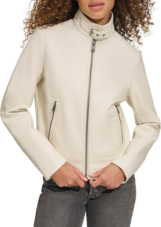 XAYWEAR cream leather jacket for women with zip front and stand collar