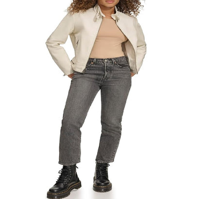 XAYWEAR white leather jacket for women worn with beige top black jeans and boots