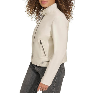 XAYWEAR white leather jacket for women with zippered pockets and high collar styling