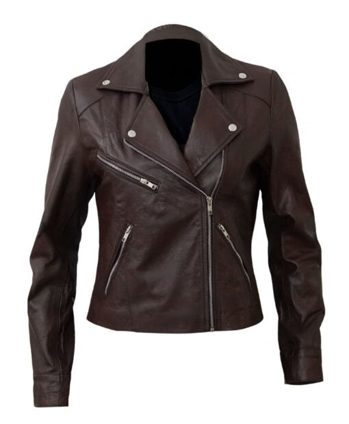 XAYWEAR dark brown biker leather jacket women with asymmetrical zipper and silver hardware