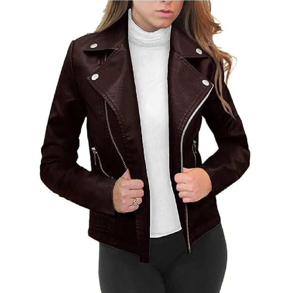 XAYWEAR leather jacket women in dark brown biker style with zip and silver button details
