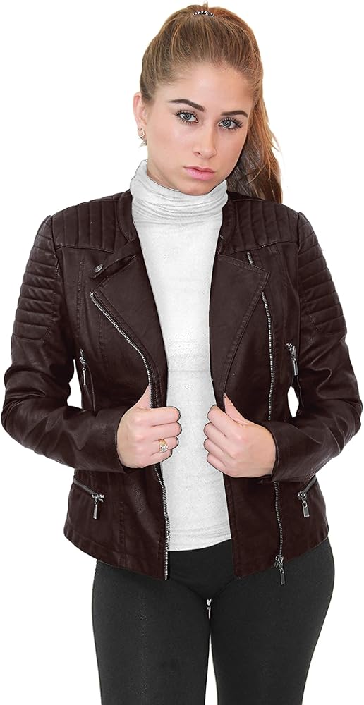 XAYWEAR black biker leather jacket women style with quilted shoulders and zippered pockets