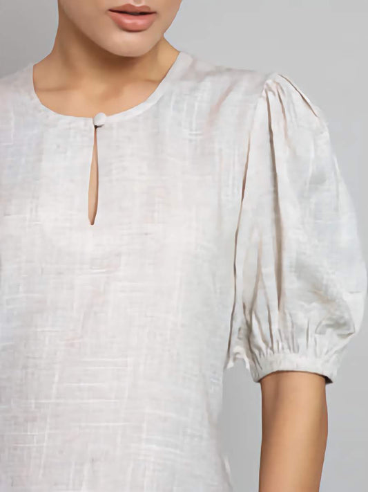 XAYWEAR white linen blouse with puff sleeves and a small keyhole button closure
